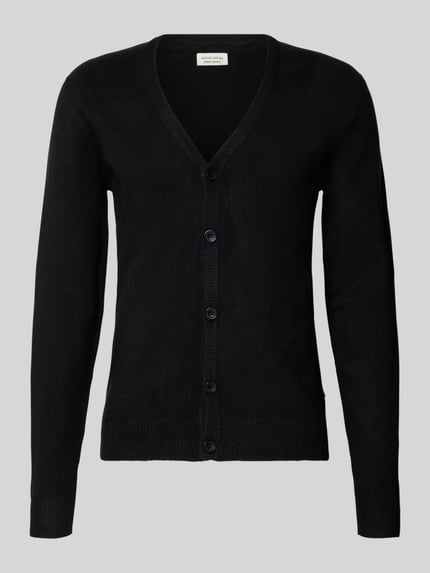 Productfoto, Strickjacke mit Knopfleiste Modell 'HEINE' van Casual Friday in zwart, katoenmix, geribde boorden, V-hals, regular fit, heren