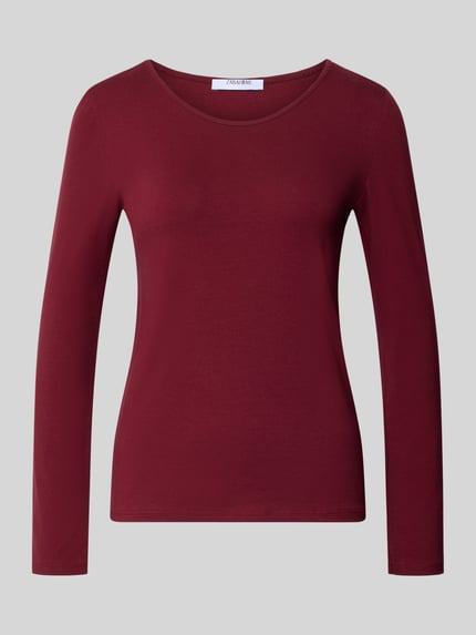 Produktfoto, shirt met lange mouwen met ronde hals van ZABAIONE in bordeauxrood, getailleerd model, mix van katoen en elastaan, ruglengte maat S 55 cm