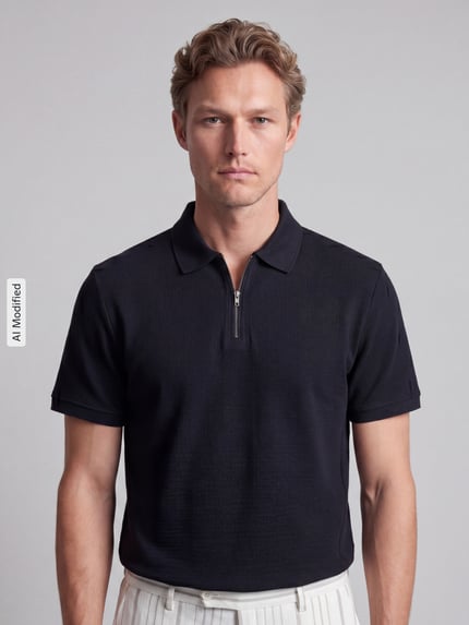 Männermodel trägt Regular Fit Poloshirt mit Strukturmuster von MCNEAL in Dunkelblau, Kurzarm, Reißverschluss, Nahaufnahme Oberkörper.