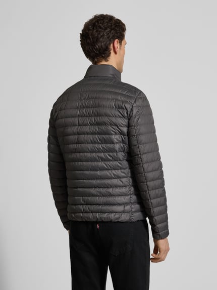 Männermodel trägt Steppjacke mit Stehkragen und Zweiwege-Reißverschluss van Geox in regular fit, grijs, ruglengte 64 cm, rugaanzicht.