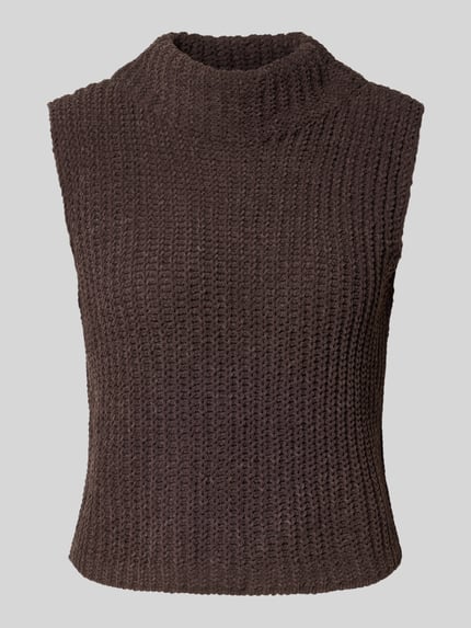 Produktfoto, Slim Fit Pullunder mit Stehkragen von monari in dunklem Braun, Strick-Optik, Kappärmel, Rückenlänge 50 cm bei Größe 36