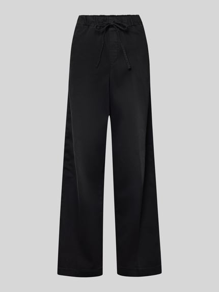 Produktfoto, schwarze Jeans mit elastischem Bund von MAC, lockerer Schnitt, Tunnelzug, Baumwoll-Mix mit Stretch-Anteil, Vorderansicht.