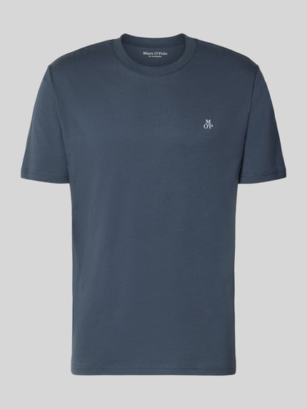 Produktfoto, Regular Fit T-Shirt aus reiner Baumwolle von Marc O'Polo in Unifarbe Blau mit Logo-Print, Rundhalsausschnitt, Kurzarm