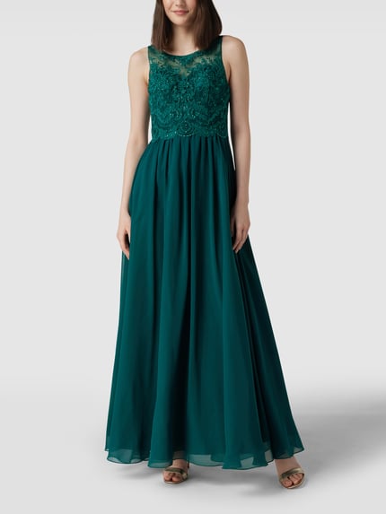 Kobiece model prezentuje Regular Fit Abendkleid mit floralem Spitzenbesatz od Laona, zielony, bez rękawów, semitransparentny top, widok z przodu, całopostaciowy.