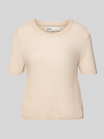 Produktfoto, Regular Fit Strickpullover mit kurzen Ärmeln Modell 'SUNNY' von Only, beige, unifarben, Rundhals, gerippter Strick, Rollsaum, Seitenschlitze