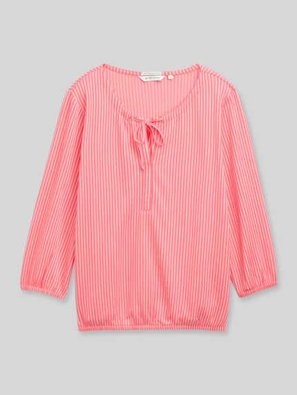 Produktfoto, Regular Fit T-Shirt aus Baumwoll-Mix von Tom Tailor, rosa-weiß gestreift, langarm, V-Ausschnitt, fein gerippte Struktur