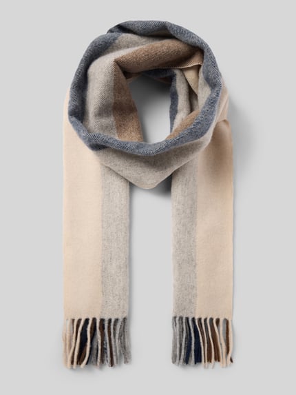 Produktfoto, Schal aus Woll-Kaschmir-Mix mit Fransen von ROY ROBSON, rechteckig, Karomuster in Beige, Grau, Blau, weiche Textur, 31 cm breit