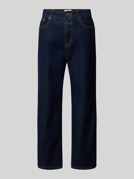 Produktfoto, ciemnoniebieskie jeansy Straight Fit Jeans aus elastischem Baumwoll-Mix Modell 'MILO' od Closed, mieszanka bawełny i elastanu, krój straight fit, 5 kieszeni, szlufki na pasek, zapięcie na guzik i zamek błyskawiczny, szerokość w rozmiarze 27/32: 40 cm, długość wewnętrzna nogawki: 65 cm