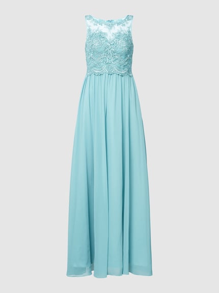Produktfoto, Regular Fit Abendkleid mit floralem Spitzenbesatz von Laona, türkis, semitransparent, Rundhalsausschnitt, Ziersteinbesatz