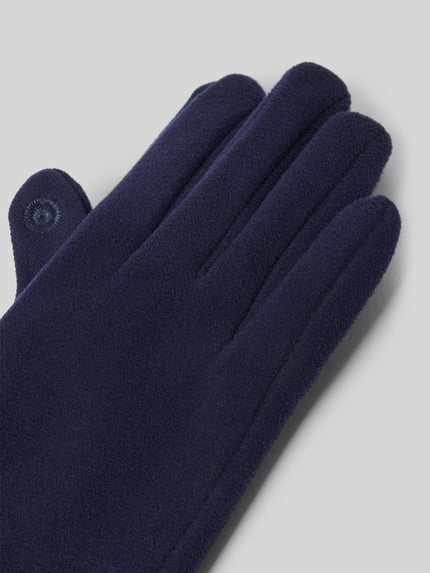 Productfoto, donkerblauwe textuur, zachte stof, handschoenen met labeldetail van EEM, Dames Handschoenen