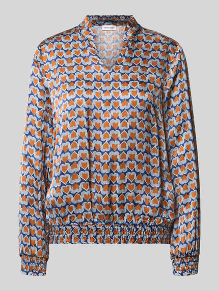 Produktfoto, Regular Fit Bluse aus reiner Viskose von MORE & MORE, Muster in Orange, Blau, Weiß, Stehkragen mit Rüschenbesatz, elastische Ärmelabschlüsse