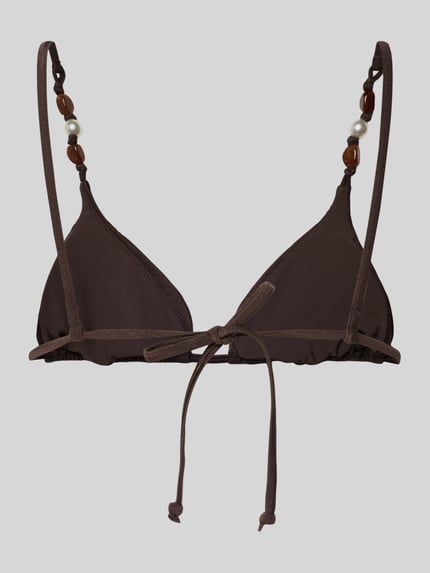 Produktfoto, dunkelbraunes Bikini-Oberteil mit Zierperlen und rückseitiger Schnürung, Modell 'PALERMO' von Seafolly, Triangel Fit, glatte Textur, Stretch-Material