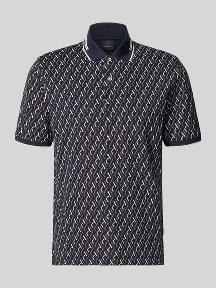 Produktfoto, Slim Fit Poloshirt im Allover-Look von bugatti aus Baumwoll-Mix mit Stretch-Anteil, Knopfleiste, dunkle Grundfarbe, grafisches Muster