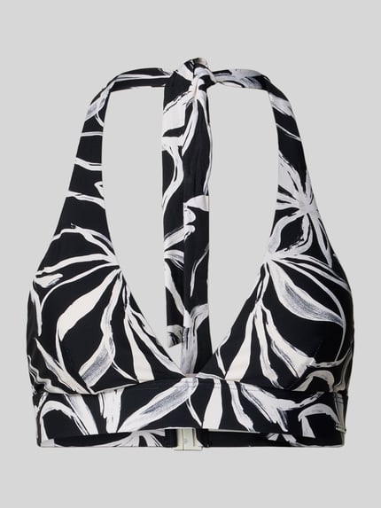 Produktfoto, Bikini-Oberteil mit Allover-Muster von Marc O'Polo in Schwarz-Weiß, Optik:Allover-Muster, Trägerform: Neckholder, Ohne Bügel, Gefüttert, Label-Applikation, V-Ausschnitt, Klickverschluss, Materialverarbeitung: Stretch-Webstruktur