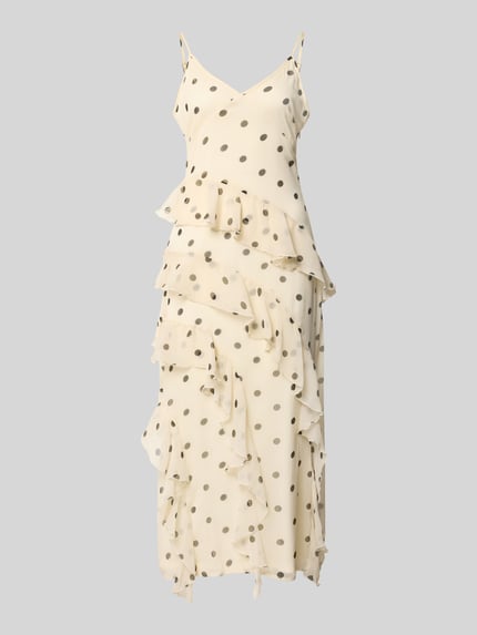Produktfoto, Figurbetontes Midikleid mit Rüschen Modell 'SMILLA' von Vero Moda aus cremefarbenem Chiffon mit schwarzen Polka Dots und Rüschen.