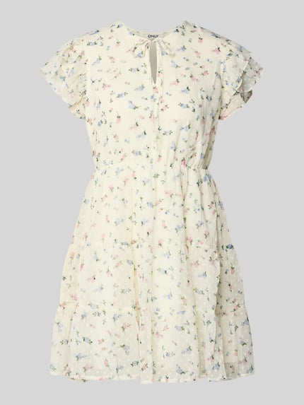 Productfoto, Tailliertes vrijetijdsjurk met volants model 'ELIZA' van Only, all-over bloemenmotief, minilengte, ronde hals, kreukdesign