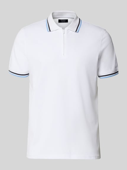 Produktfoto, Slim Fit Poloshirt mit Kontraststreifen und Reißverschluss von MCNEAL aus Baumwoll-Elasthan-Mix, Herren, Weiß, glatte Textur, Rückenlänge bei Größe M 73 cm