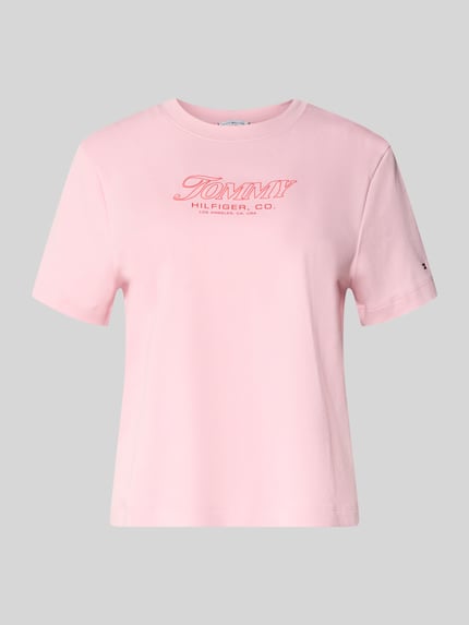 Productfoto, Slim Fit T-Shirt uit pure katoen van Tommy Hilfiger, effen roze, labelprint, ronde hals, korte mouw, jersey structuur
