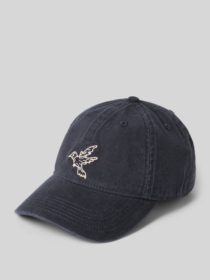 Produktfoto, Basecap aus reiner Baumwolle von Forét in Denim-Optik, dunkles Blau, verstärkter Schirm, Motiv-Stitching, verstellbarer Riegel,