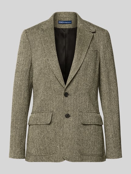 Produktfoto, Blazer aus Lammshearling mit Reverskragen Modell 'HERTIAGE' von Polo Ralph Lauren, gerader Schnitt, Pattentaschen, beige-schwarz Fischgrätmuster, Rückenlänge 71 cm, Brustweite 34 cm, Ärmellänge 62 cm.