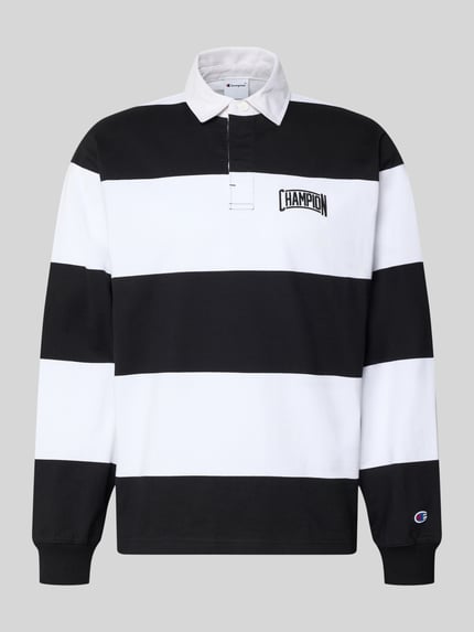 Produktfoto, Relaxed Fit Poloshirt aus Baumwolle von CHAMPION, breite schwarze und weiße Querstreifen, Langärmlig, Label-Stitching
