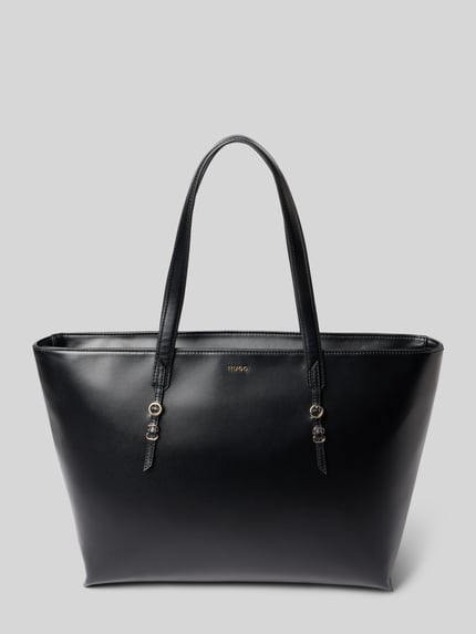 Produktfoto, Shopper in Lederoptik Modell 'SYNDRA_SHOPPER' von HUGO, czarny, jednolita faktura, logo metalowe, uchwyty, komora główna, kieszeń wewnętrzna