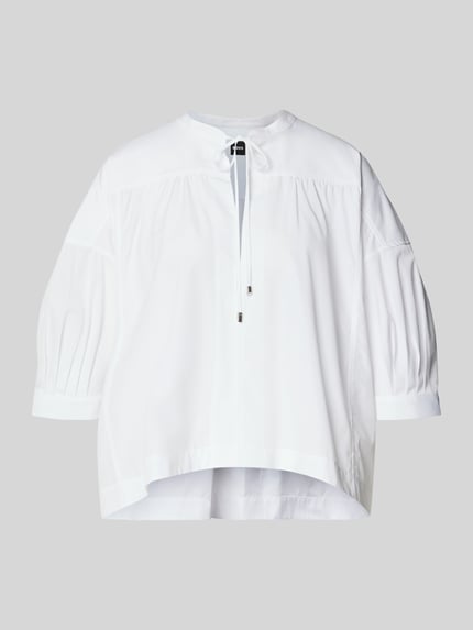 Produktfoto, Oversized Bluse aus reiner Baumwolle Modell 'Bollana' von BOSS in Weiß, Popeline-Struktur, unifarben, Tunika-Kragen, Schlüsselloch-Ausschnitt, Kurzarm
