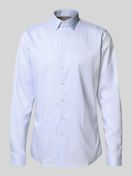 Produktfoto, Slim Fit Business-Hemd mit Kentkragen von Jake*s, elastischer Material-Mix, hellblau-weiß gestreift, durchgängige Knopfleiste