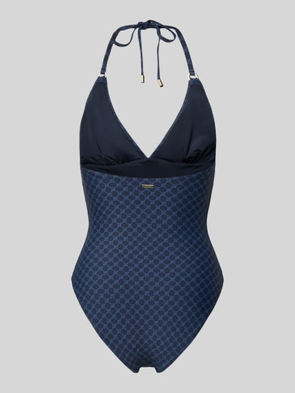 Produktfoto, Neckholder-Badeanzug mit Logo-Muster Modell 'Cortina Beach' von JOOP! Collection, dopasowany krój, mieszanka materiałów z dodatkiem streczu, wzór z logo, kolor granatowy