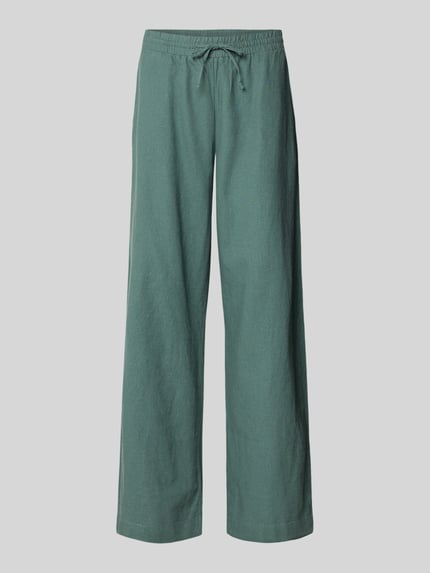 Produktfoto, Wide-Leg-Pants aus grünem Leinen-Mix mit Viskose-Anteil, elastischer Bund mit Kordelzug, FREE/QUENT Modell 'Lava', Loose-Fit, Bundweite 41 cm, Innenbeinlänge 77 cm in Größe S