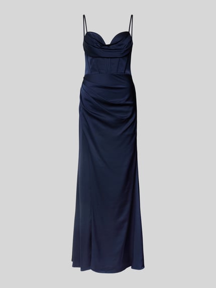 Produktfoto, Abendkleid aus Satin mit Raffungen von Hey Kyla in Dunkelblau, A-Linie, Maxikleid, Corsagenkleid, Wasserfallausschnitt, Gehschlitz, glatte Textur.