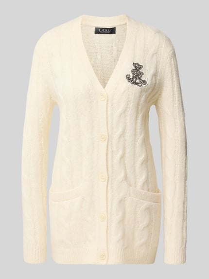 Produktfoto, Cardigan aus Mohair mit Logo-Applikation von LAUREN RALPH LAUREN in creme, Zopfmuster, V-Ausschnitt, Strickoptik, gerippte Abschlüsse
