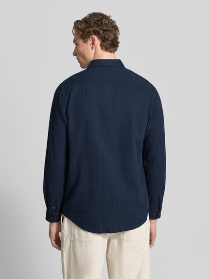 Fynch-Hatton regular fit overhemdjack van mix van katoen en linnen met kentkraag Marineblauw - 5