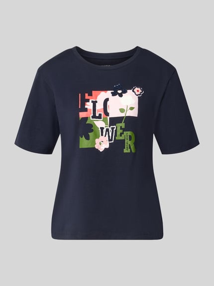 Productfoto, Regular Fit T-Shirt uit puur katoen van Marc Cain, bloemen stitching, ronde hals, ruglengte bij maat 36: 57 cm