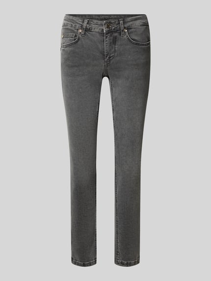 Produktfoto, szare jeansy z mieszanki bawełny, model Skinny Fit Jeans aus elastischem Baumwoll-Mix Modell 'MONROE' od Liu Jo White, 5 kieszeni, szlufki na pasek, zapięcie na guzik i zamek błyskawiczny, Szerokość w rozmiarze 27: 36 cm, Długość wewnętrzna nogawki w rozmiarze 27: 68 cm