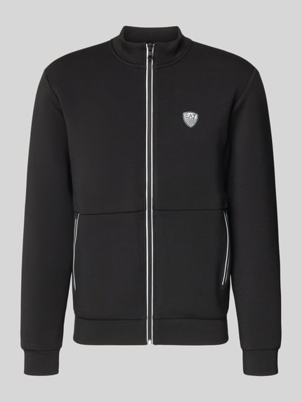 Produktfoto, Sweatjacke mit Reißverschluss von EA7 Emporio Armani, schwarz, Regular-Fit, Stehkragen, Gerippte-Abschlüsse, Label-Detail, Eingrifftaschen.