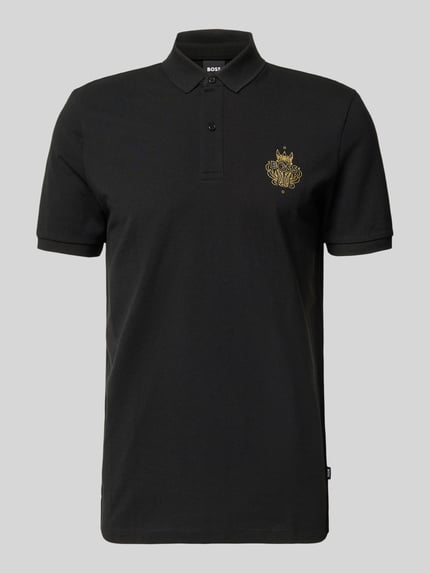 Produktfoto, Regular Fit Poloshirt aus reiner Baumwolle Modell 'QIANG' van BOSS met goudkleurige print, uni zwart, piquéstructuur