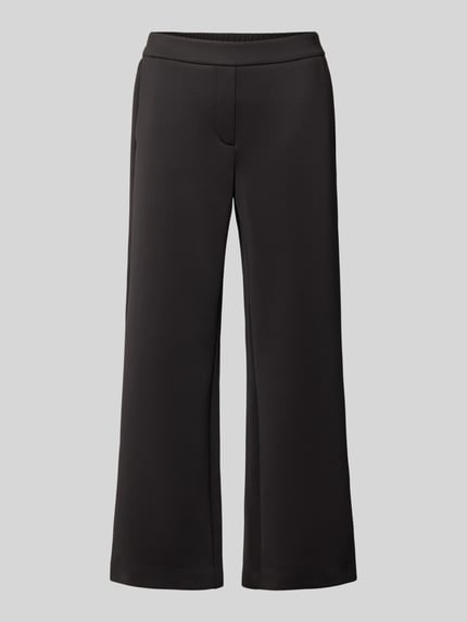 Produktfoto, czarne spodnie 'Flared Fit Hose mit teilelastischem Bund' od COMMA z elastycznej mieszanki materiałów, rozkloszowany krój, szerokość w rozmiarze 36: 38 cm, długość wewnętrzna nogawki w rozmiarze 36: 69 cm, kieszenie z tyłu