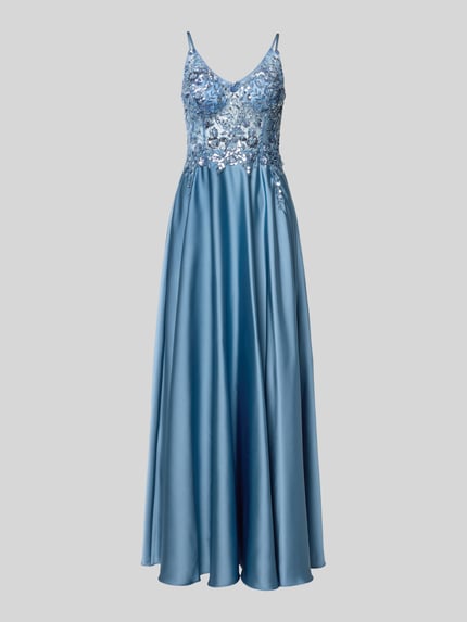 Produktfoto, Abendkleid mit Paillettenbesatz von Laona in Hellblau, A-Linie, Maxikleid, tiefer V-Ausschnitt, glänzende Textur, Spaghettiträger