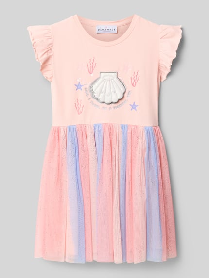 Produktfoto, Regular Fit Kleid mit Statement-Print von DANAMADE in Rosa mit buntem Mesh, Falten-Optik, Kappärmel, aus Baumwoll-Mix, Rundhalsausschnitt, Rückenlänge bei Größe 116: 63 cm