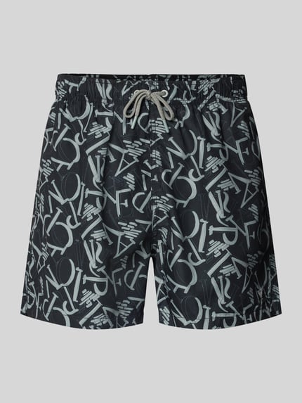 Produktfoto, Regular Fit Shorts mit Allover-Logo-Print von Emporio Armani in Schwarz mit weißem Muster, elastischem Bund und Tunnelzug.