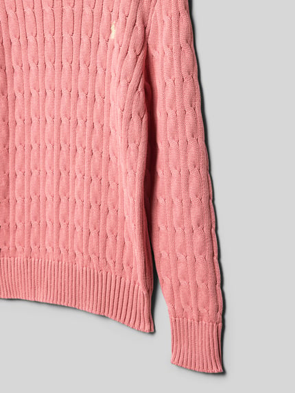 Produktfoto, Regular Fit Pullover aus reiner Baumwolle von Polo Ralph Lauren Teens w kolorze różowym, ścieg warkoczowy, wyhaftowane logo, dzianina, krój regular fit