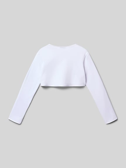 Produktfoto, Regular Fit Bolero mit floralen Applikationen von Weise in Weiß, elastischer Baumwoll-Mix, Rückansicht, schlichte Textur.
