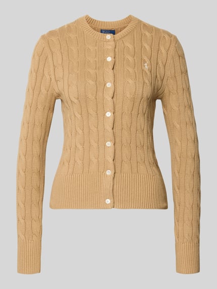 Produktfoto, Slim Fit Strickjacke mit Logo-Stitching von Polo Ralph Lauren aus reiner Baumwolle in Beige mit Rundhalsausschnitt, Knopfleiste, elastische Abschlüsse