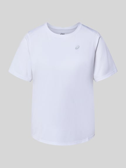 Produktfoto, T-Shirt mit Rundhalsausschnitt und Logo-Print von ASICS, weiß, gerader Schnitt, leicht abgerundeter Saum, glatte Textur