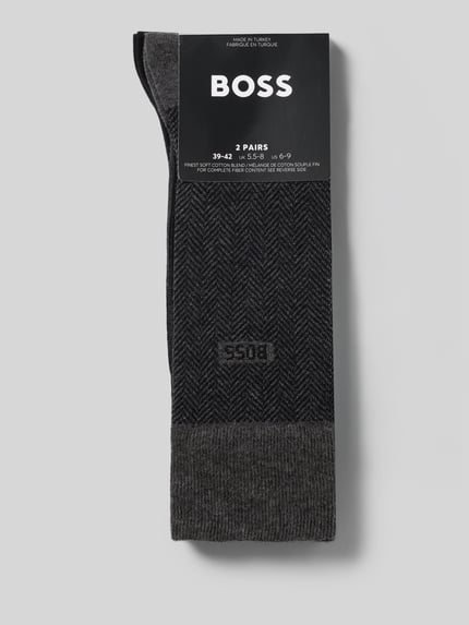 Produktfoto, Strümpfe aus Baumwoll-Mix im 2er-Pack von BOSS mit unifarbener und Fischgräten-Optik, elastischem Bund und Label-Schriftzug