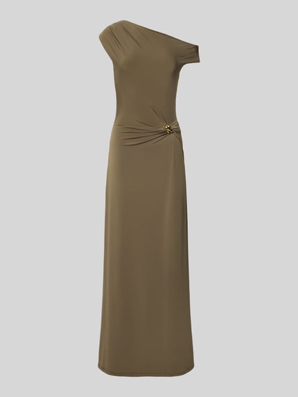 Produktfoto, Cocktailkleid im One-Shoulder-Look Modell 'Scout' von Forever New aus Material-Mix mit Stretch-Anteil, figurbetonter Schnitt, Maxikleid, raffinierte Raffung, in Braun, glatte Textur, Rückenlänge bei Größe 36: 146 cm, Brustweite: 31 cm.