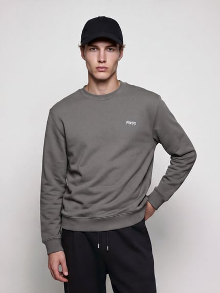 Męski model nosi Regular Fit Sweatshirt aus reiner Baumwolle Modell 'Nodacrew' od HUGO Blue w odcieniu szarości, gładka tekstura, Ganzkörperansicht von vorne.