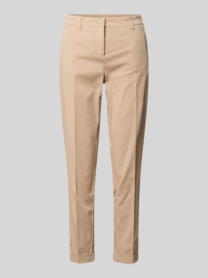 Produktfoto, Slim Fit Chino aus Baumwoll-Mix Modell 'KARINA' von Cambio in Uni-Beige, Popeline, mit Gürtelschlaufen und Label Patch