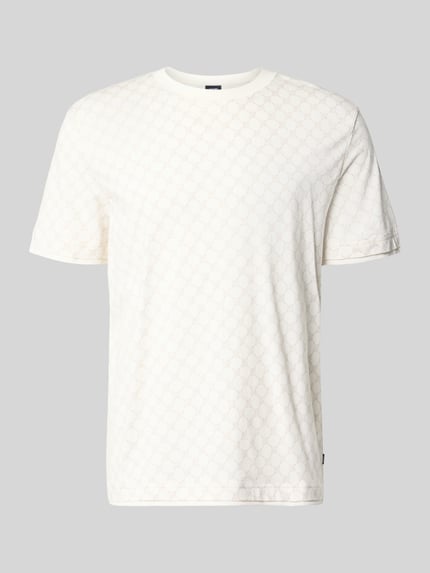 Produktfoto, T-Shirt mit Logo-Muster und Rundhalsausschnitt von JOOP! Collection, męski t-shirt, mieszanka bawełny i lyocellu, krój regular fit, wzór z logo, okrągły dekolt, długość tyłu w rozmiarze M: 69 cm, biały z subtelną fakturą, miękka struktura